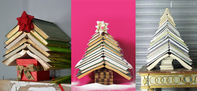 Árboles de navidad con libros abiertos
